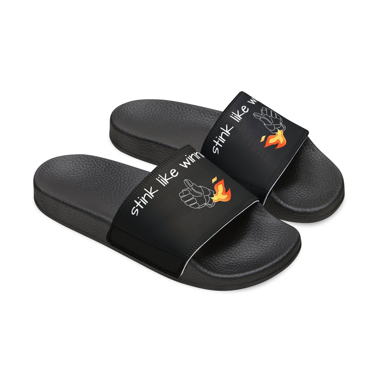 Close-up of flame design on youth hockey slide sandals