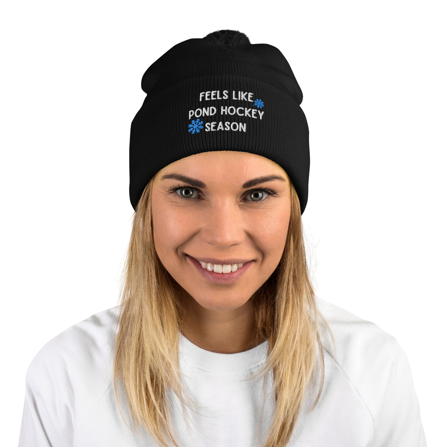 Feels like Pond Hockey Season Hockey Pom Beanie