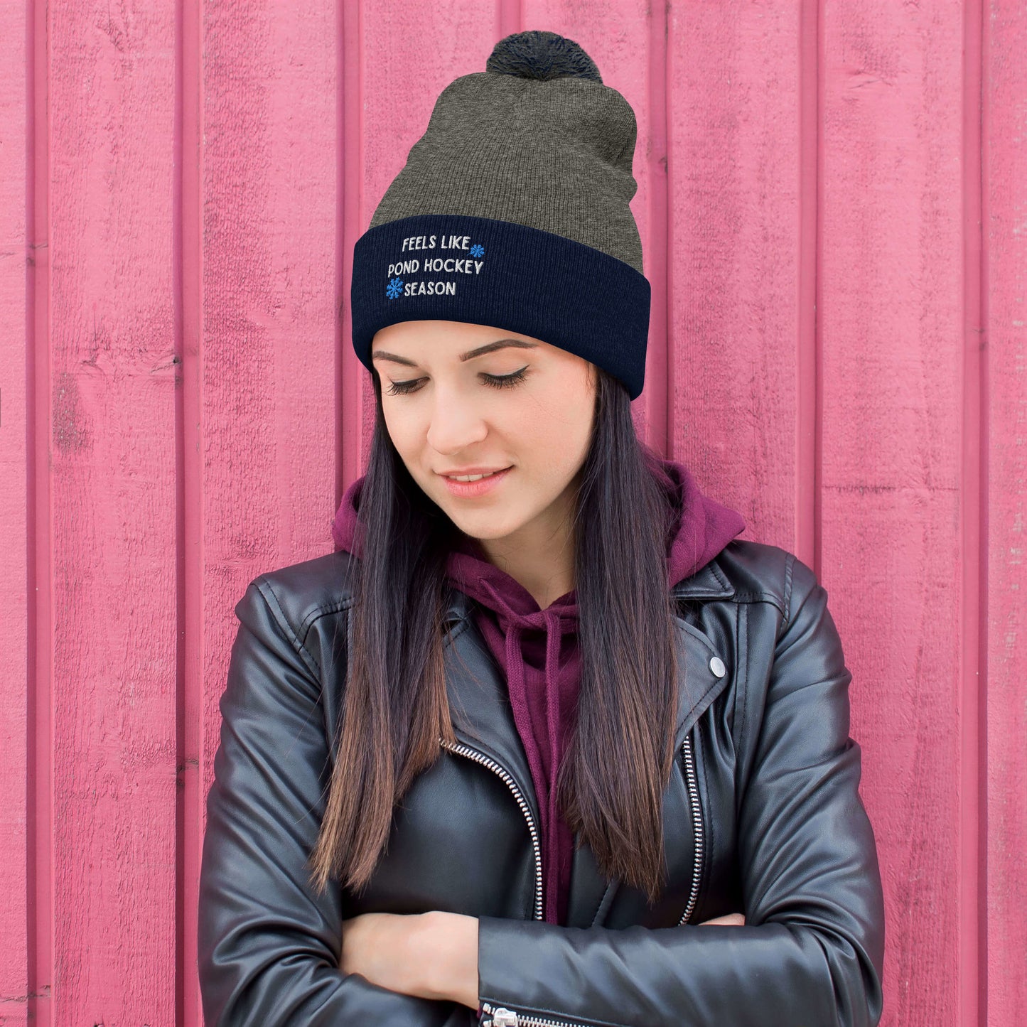 Feels like Pond Hockey Season Hockey Pom Beanie