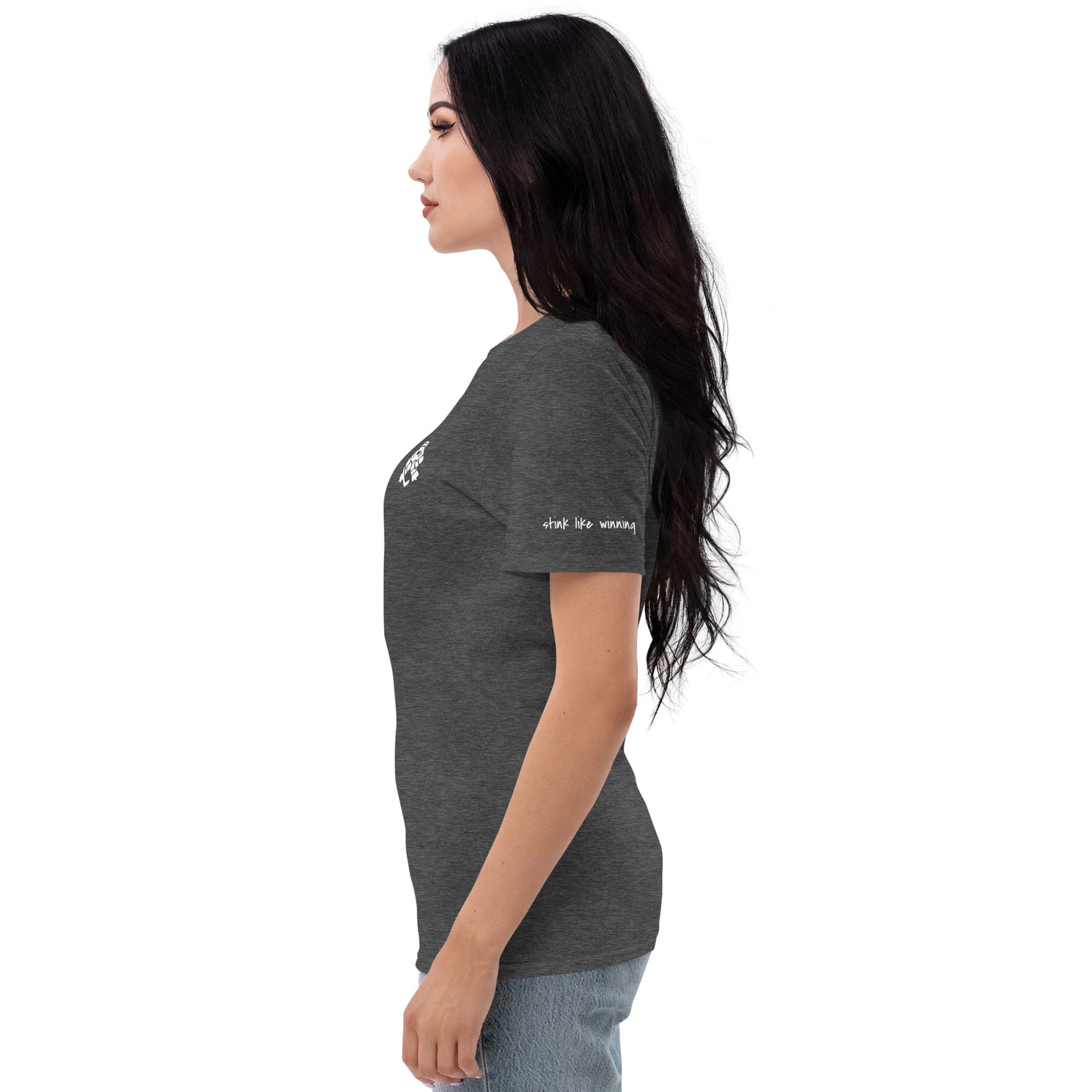 Soft and comfortable women's designer t-shirt featuring "Always Ready" goalie and "Stink Like Winning" texts