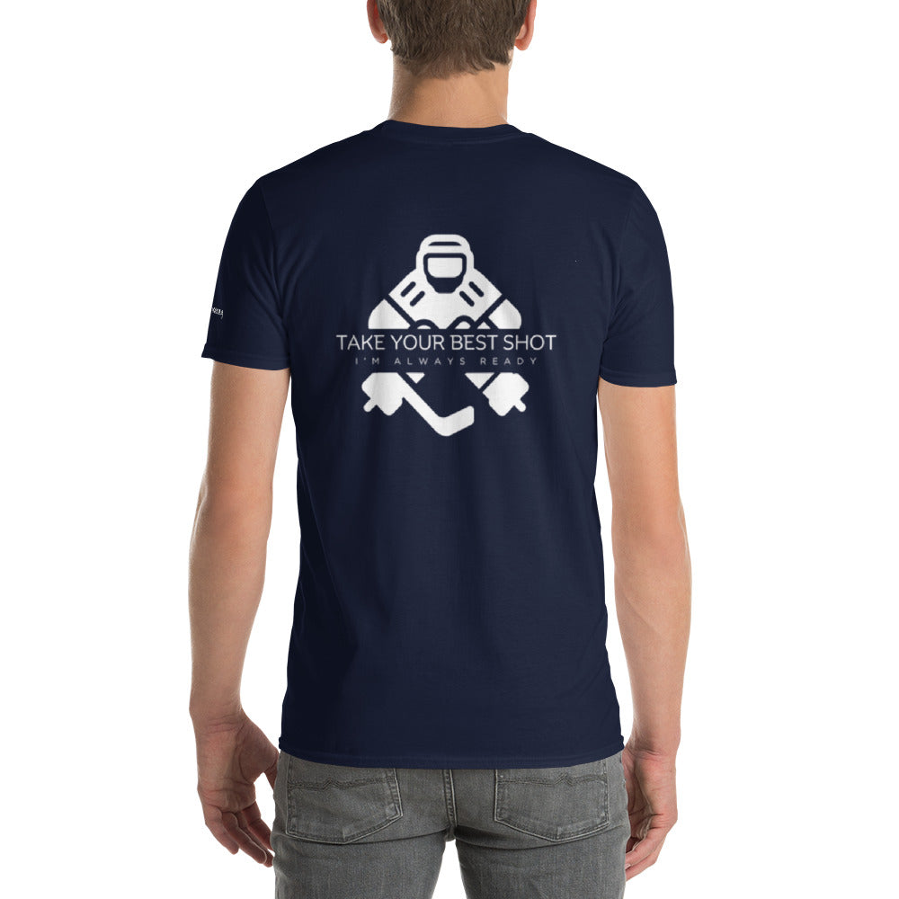 Men's short-sleeve designer t-shirt celebrating the dedication of goalies.