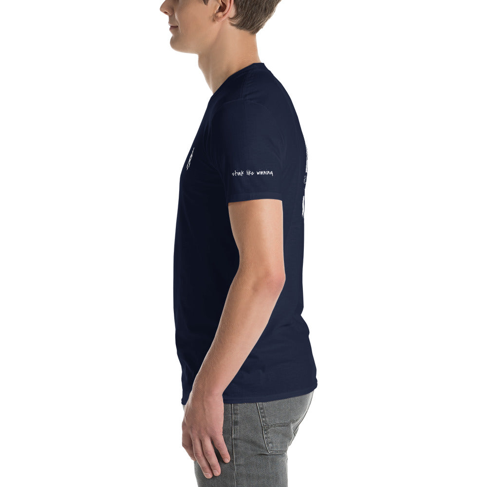 Soft and comfortable men's designer t-shirt with "Always Ready" goalie and "Stink Like Winning" graphics.