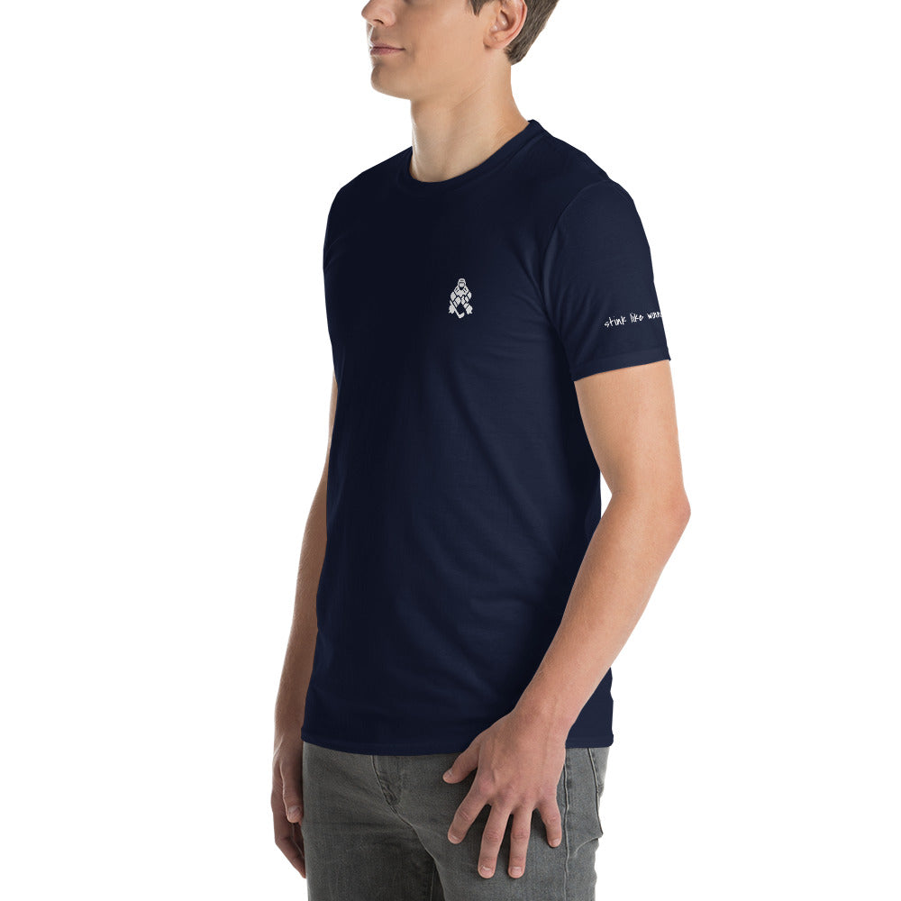 Show off your winning spirit in comfort - "Always Ready" goalie "Stink Like Winning" men's designer t-shirt.