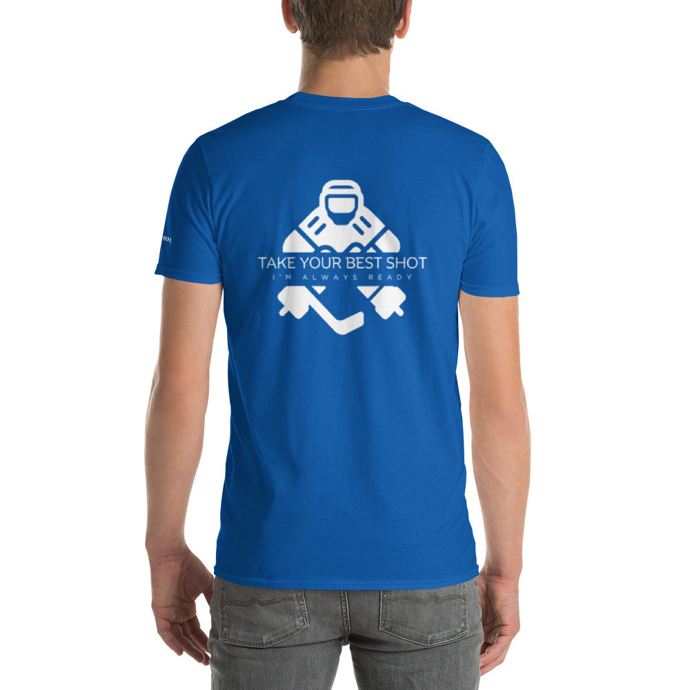 Represent your favorite goalie gear brand with this "Always Ready" "Stink Like Winning" designer t-shirt for men.