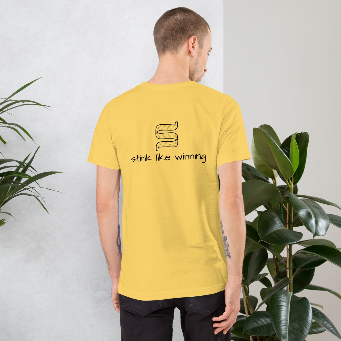 Yellow Essential Tee for Winners with Bold Stink Like Winning Short Sleeve Mens Designer T-Shirt
