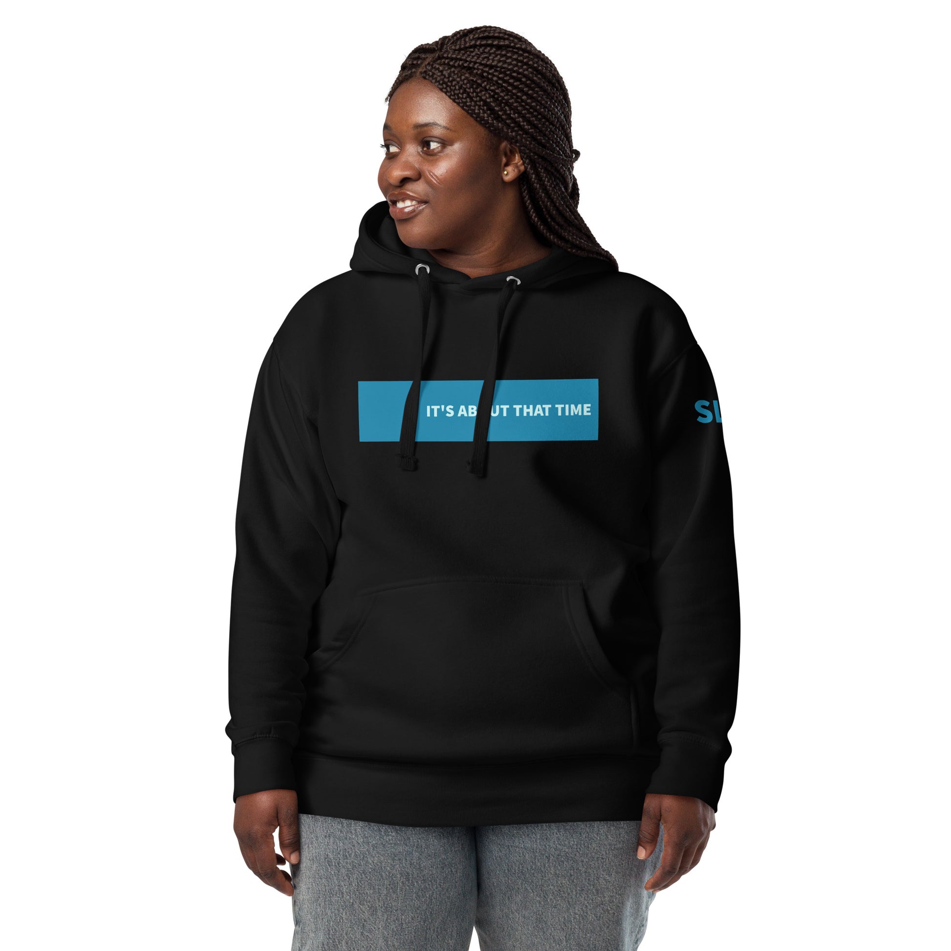 A woman wearing a black hoodie with a Inspirational word in blue stripe | Stink Like Winning 