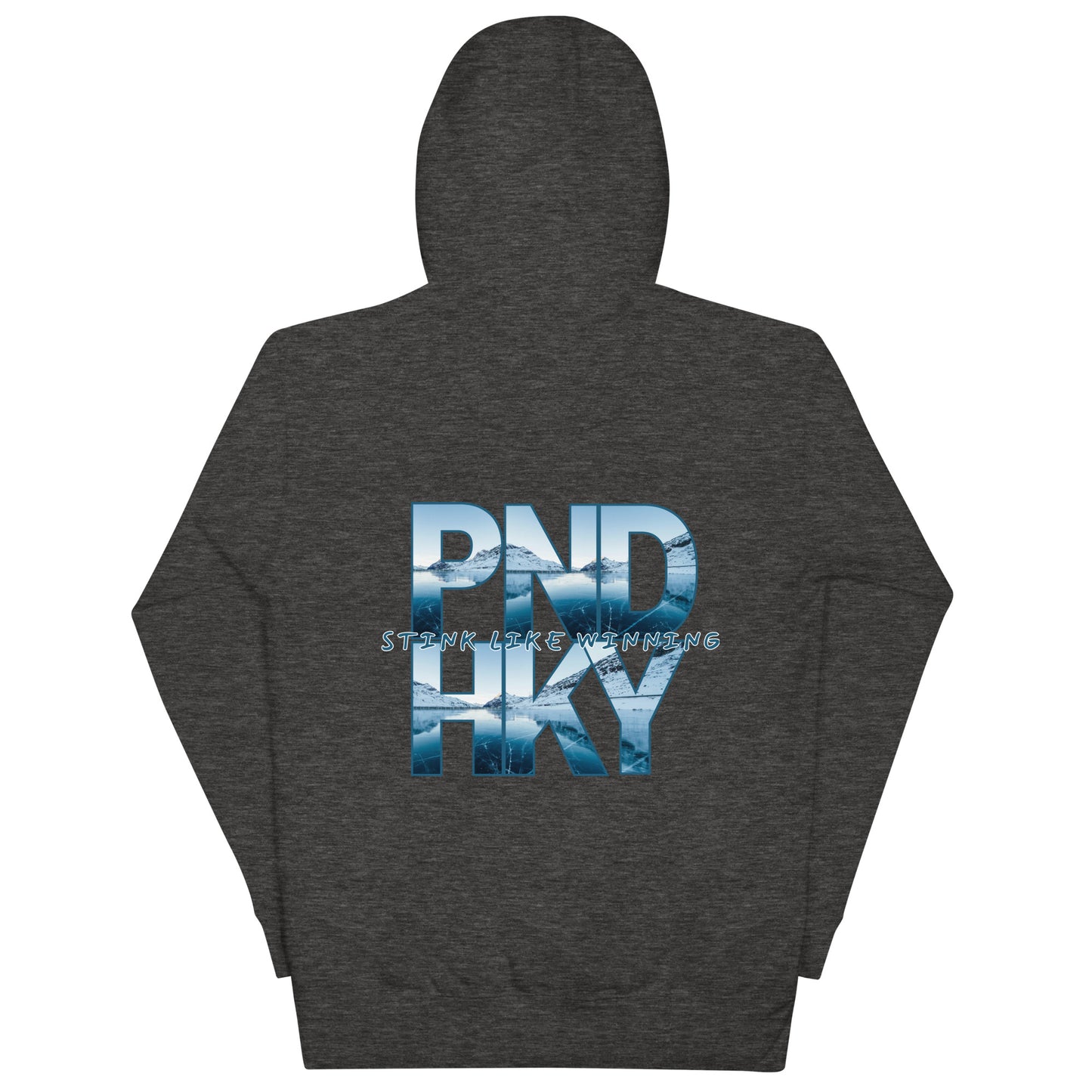 Charcoal Heather Unisex Hoodie with Pond Hockey on Back | Stink Like Winning