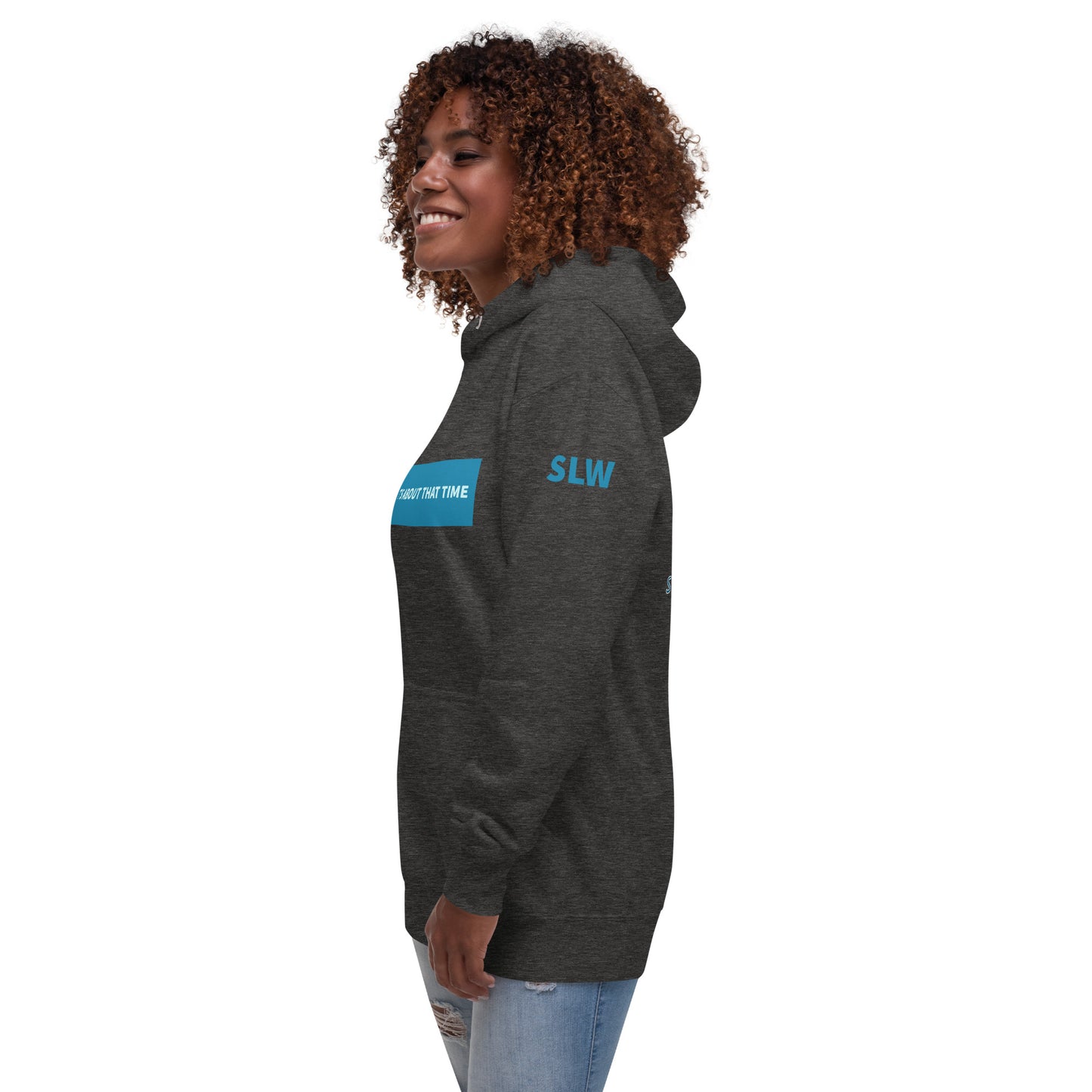 Women in Premium Hoodie Charcoal Heather Left Front View | Stink Like Winning 