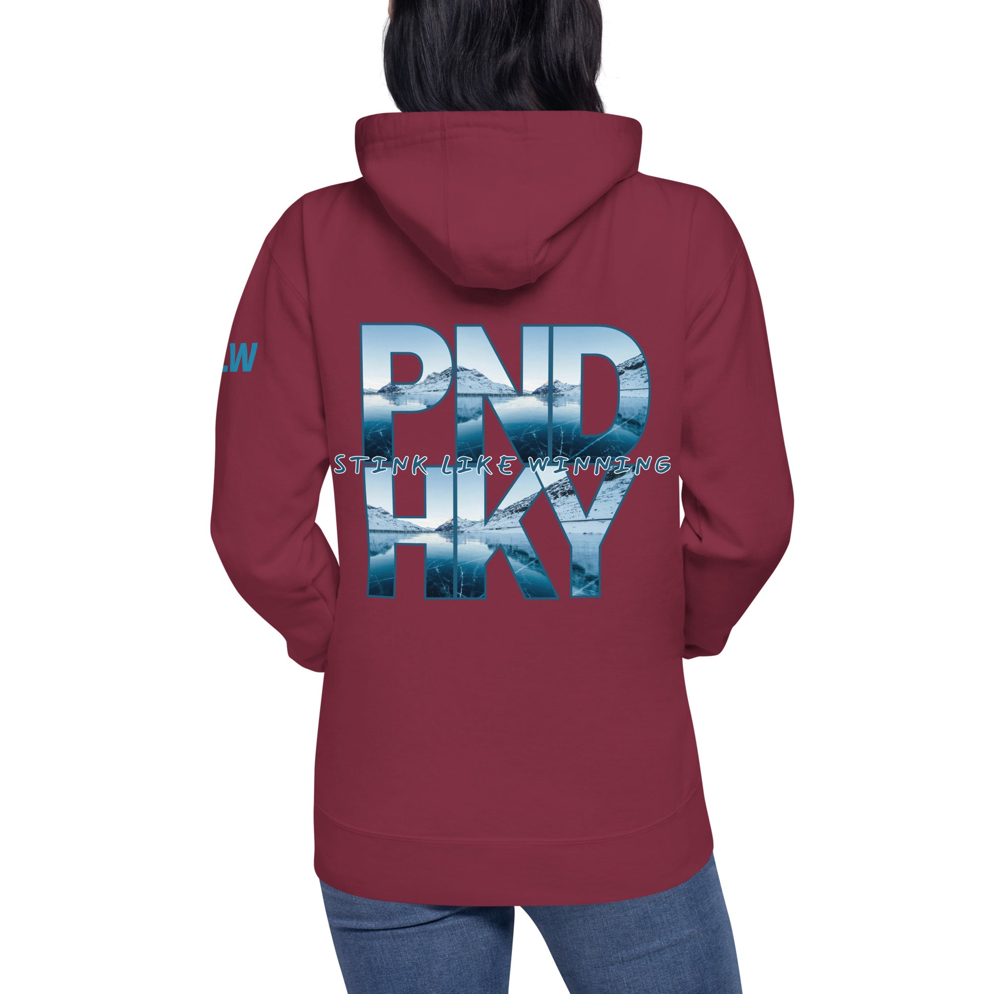 Unisex Exclusive Premium Hoodie | Maroon Color Pond Hockey Printed on Back | Stink Like Winning 